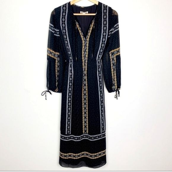 WHISTLES LONDON Black Boho Peasant Midi Dress Flowy Patterned Floral US 2 - Picture 3 of 9